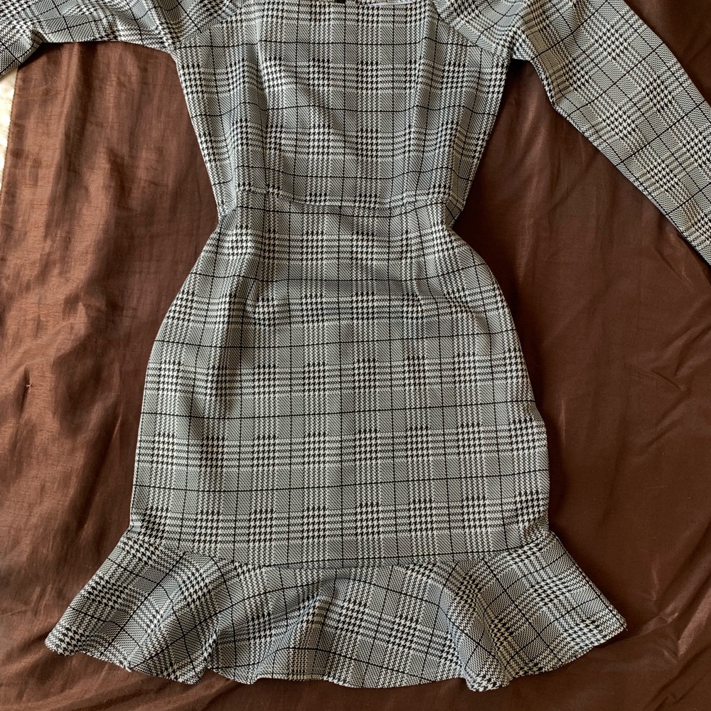 Gray and White Off the Shoulder Peplum Dress